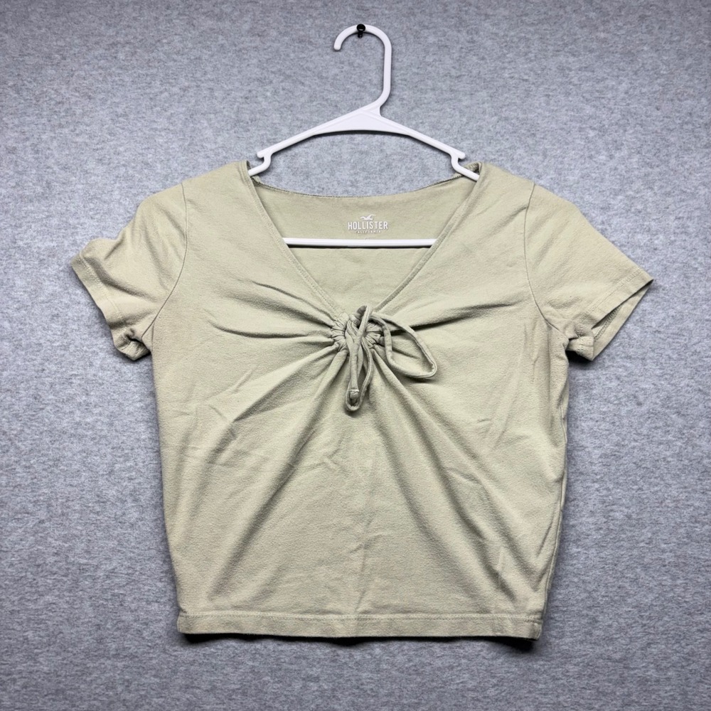 Hollister Womens Sage Green Tie Front Cinched V-Neck Short Sleeve Crop Top Small